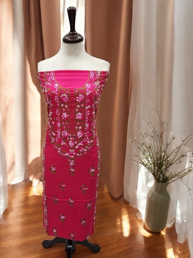 Heavy Mirror Lawn Hand Embroidered Shirt Hotpink