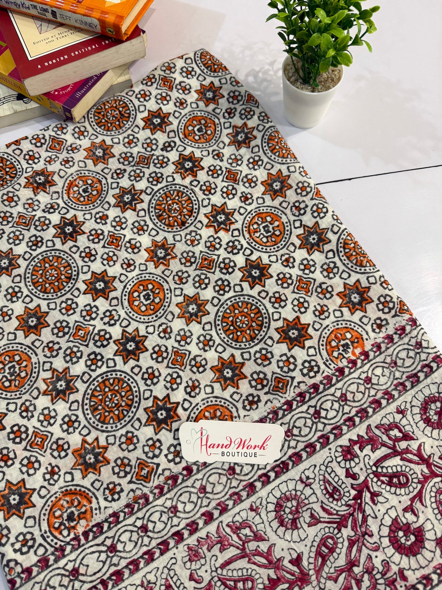 Block Print Lawn Shirt Trouser Orange & Maroon