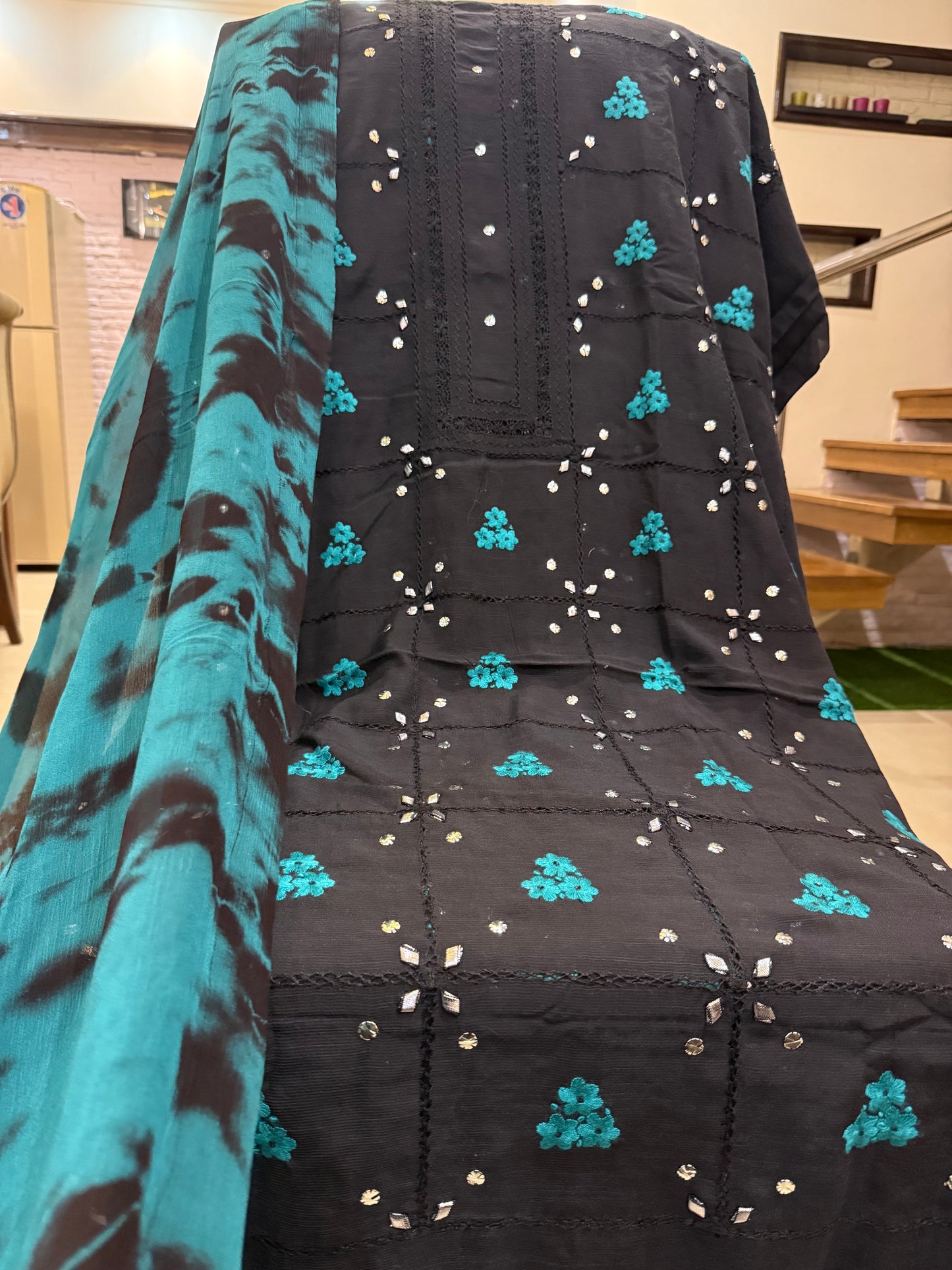 Raw silk Black Tarkashi with teal shade