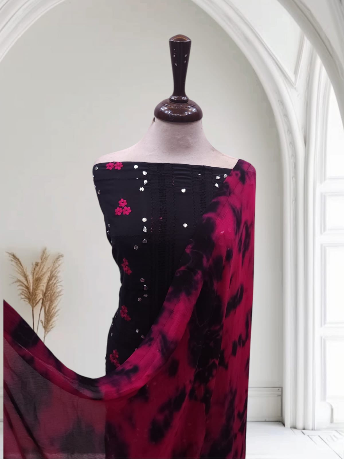 Raw Silk Tarkashi Black and hot pink