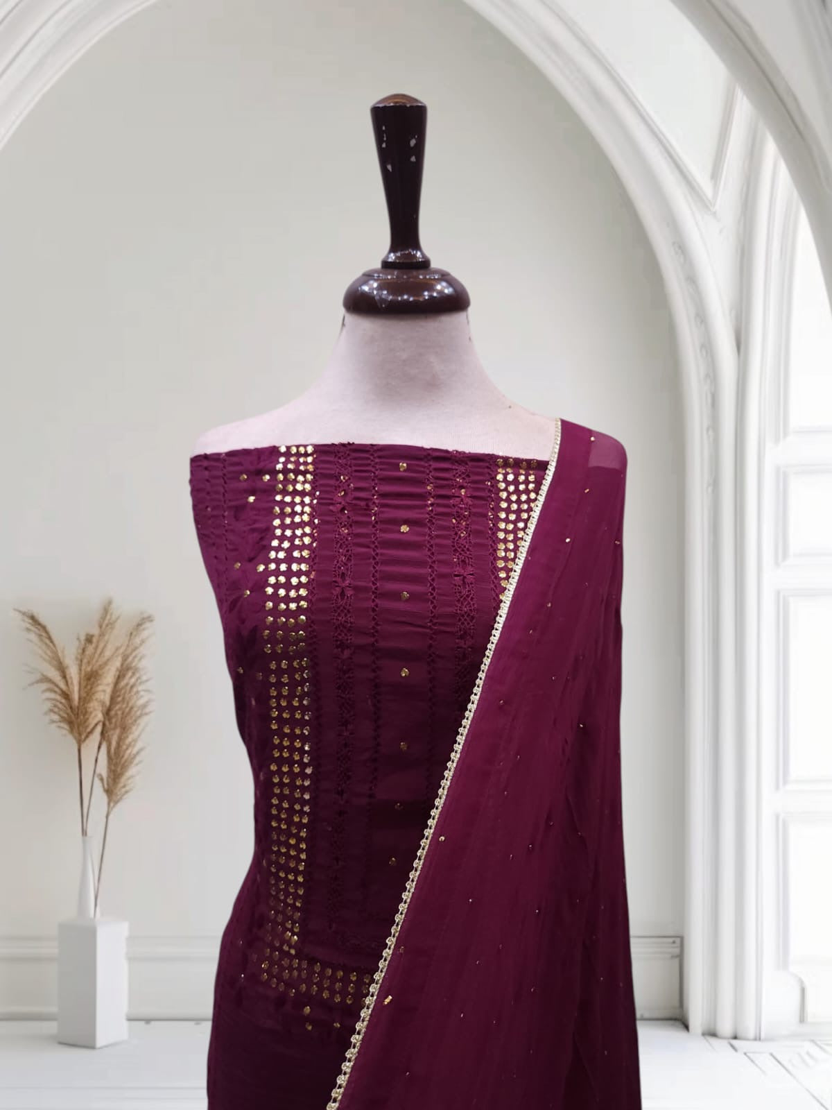 Maroon Raw silk tarkashi with Mukesh