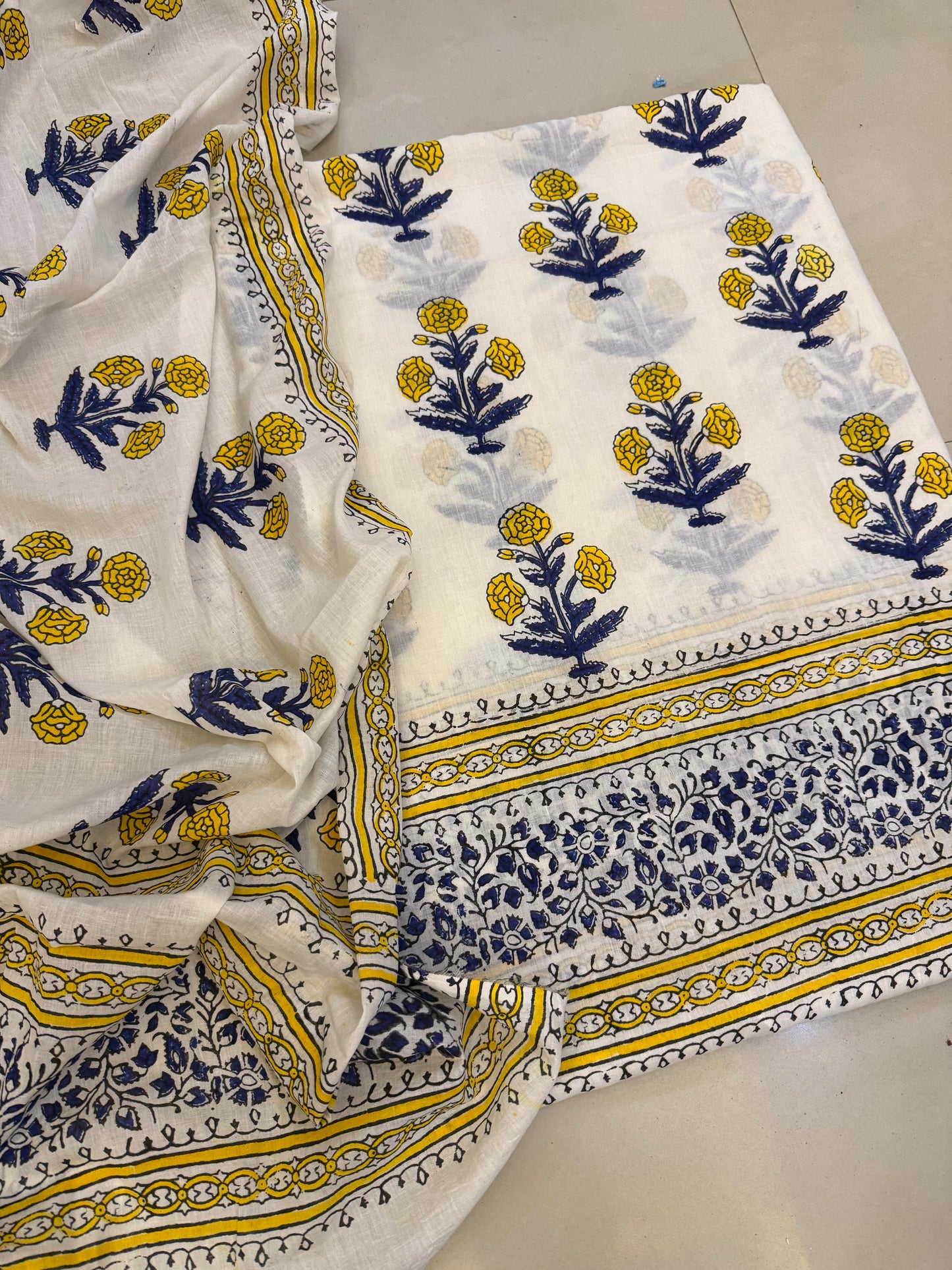 Block print lawn shirt & dupatta blue & yellow