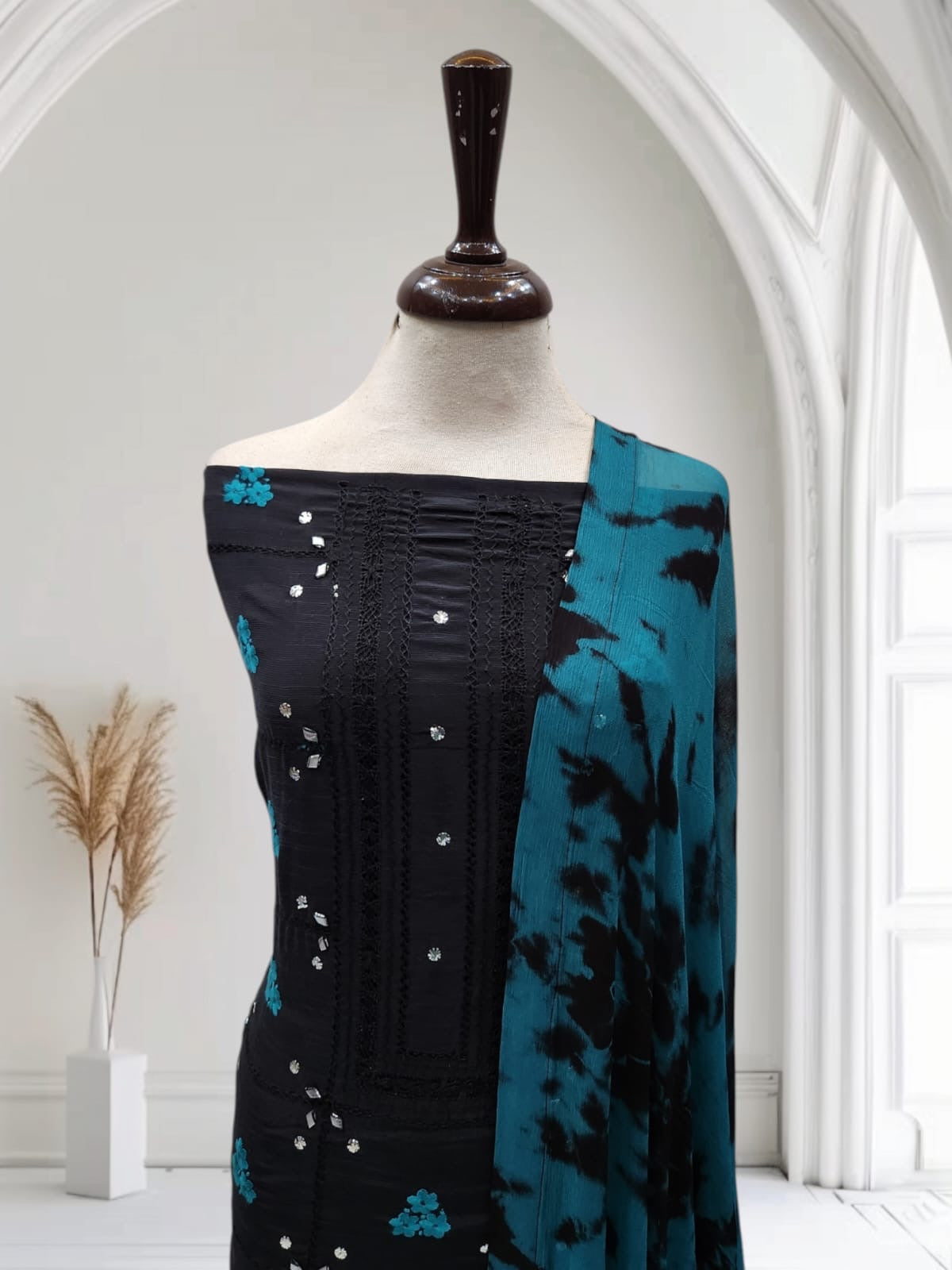 Raw silk Black Tarkashi with teal shade