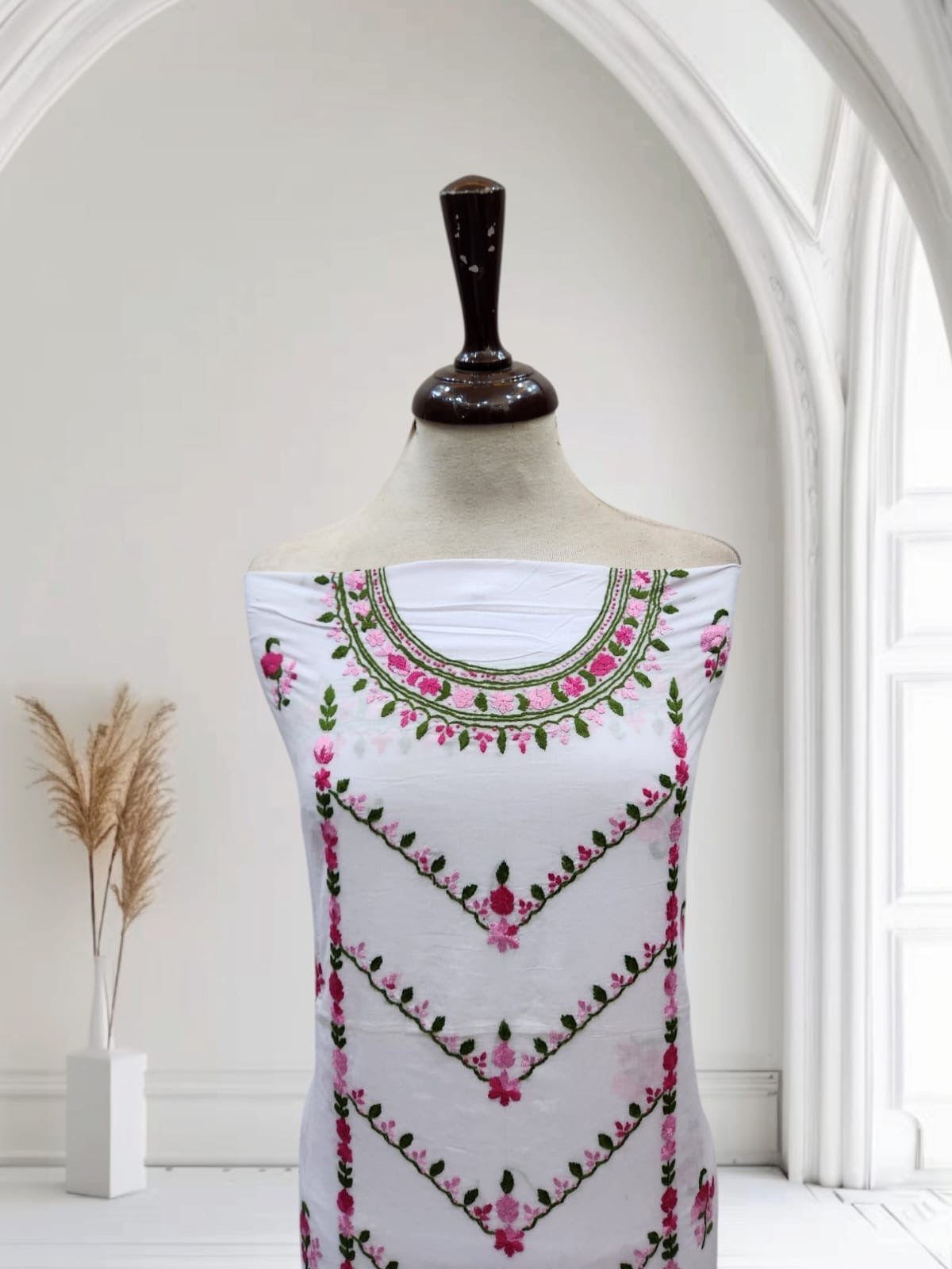 Maah e Noor white & pink hand embroidered shirt