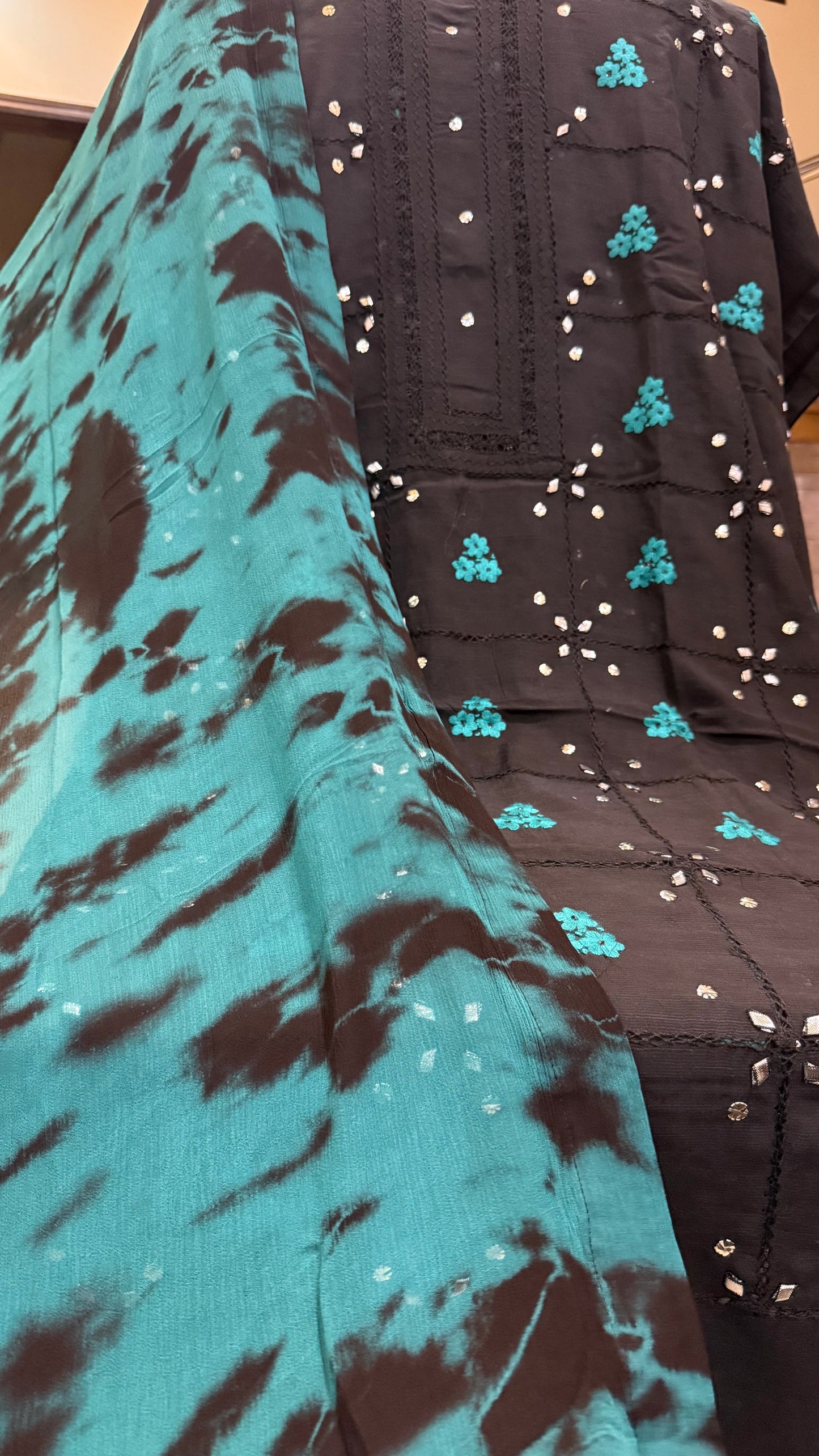 Raw silk Black Tarkashi with teal shade