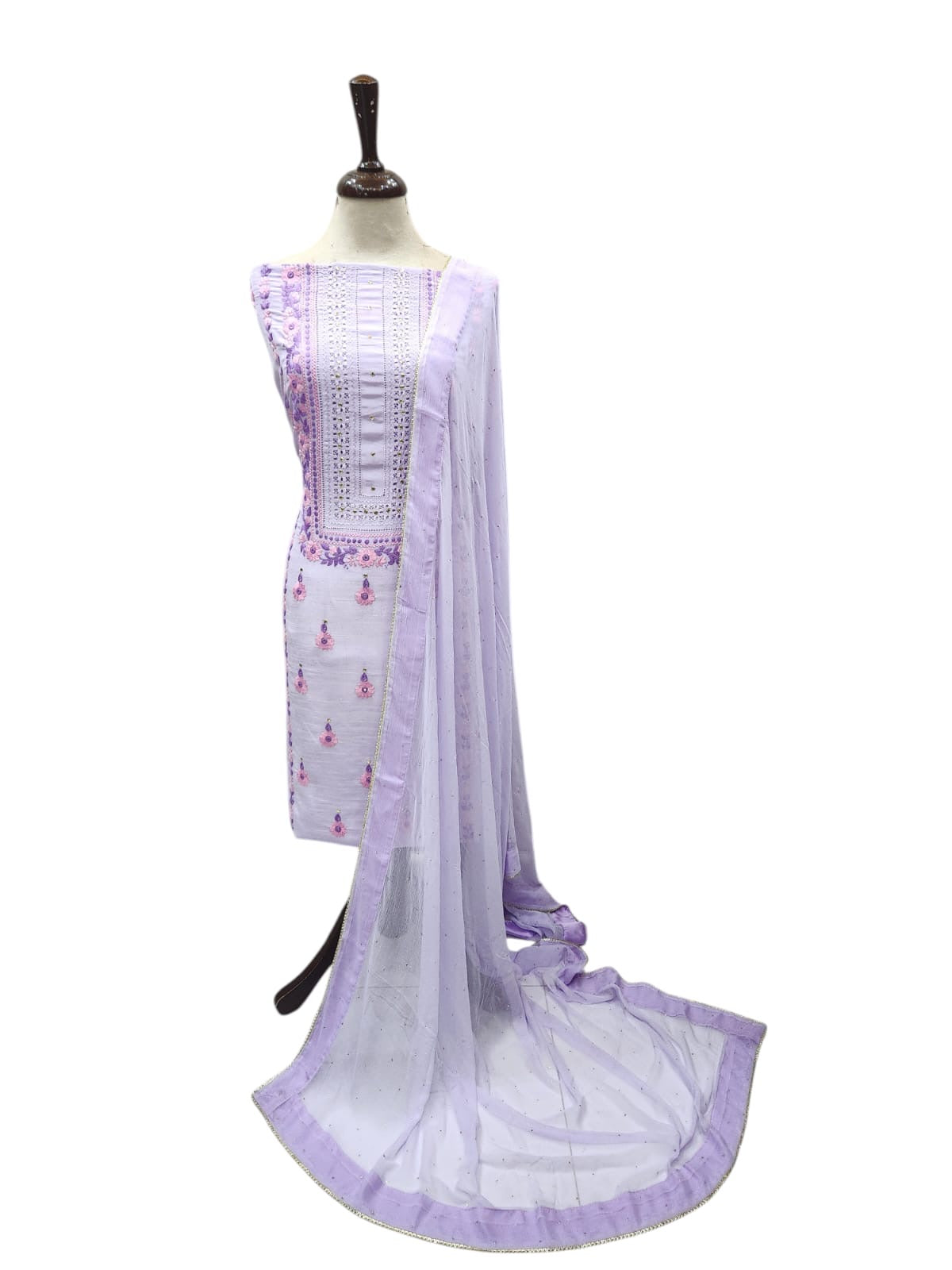 Raw silk Lavender with Baby Pink Tarkashi with Mukesh