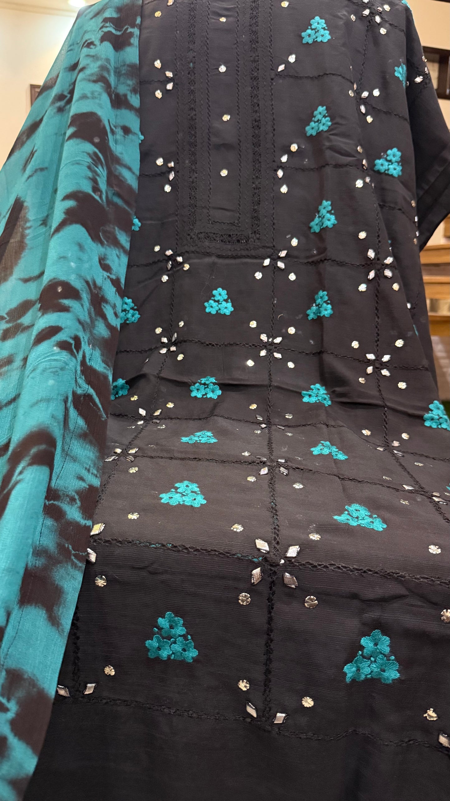 Raw silk Black Tarkashi with teal shade