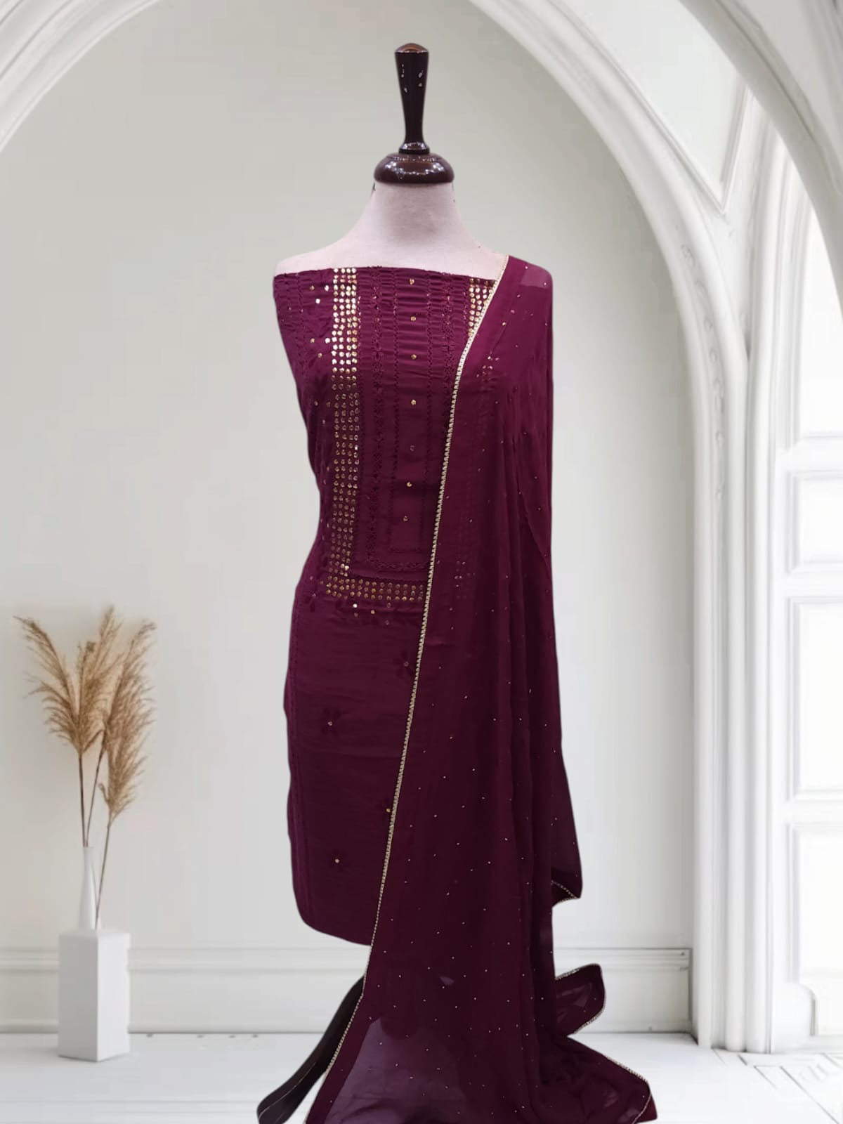 Maroon Raw silk tarkashi with Mukesh
