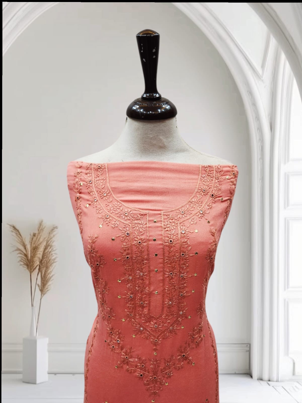 2pc Peach Marina Tarkashi, mukesh & Embriodery
