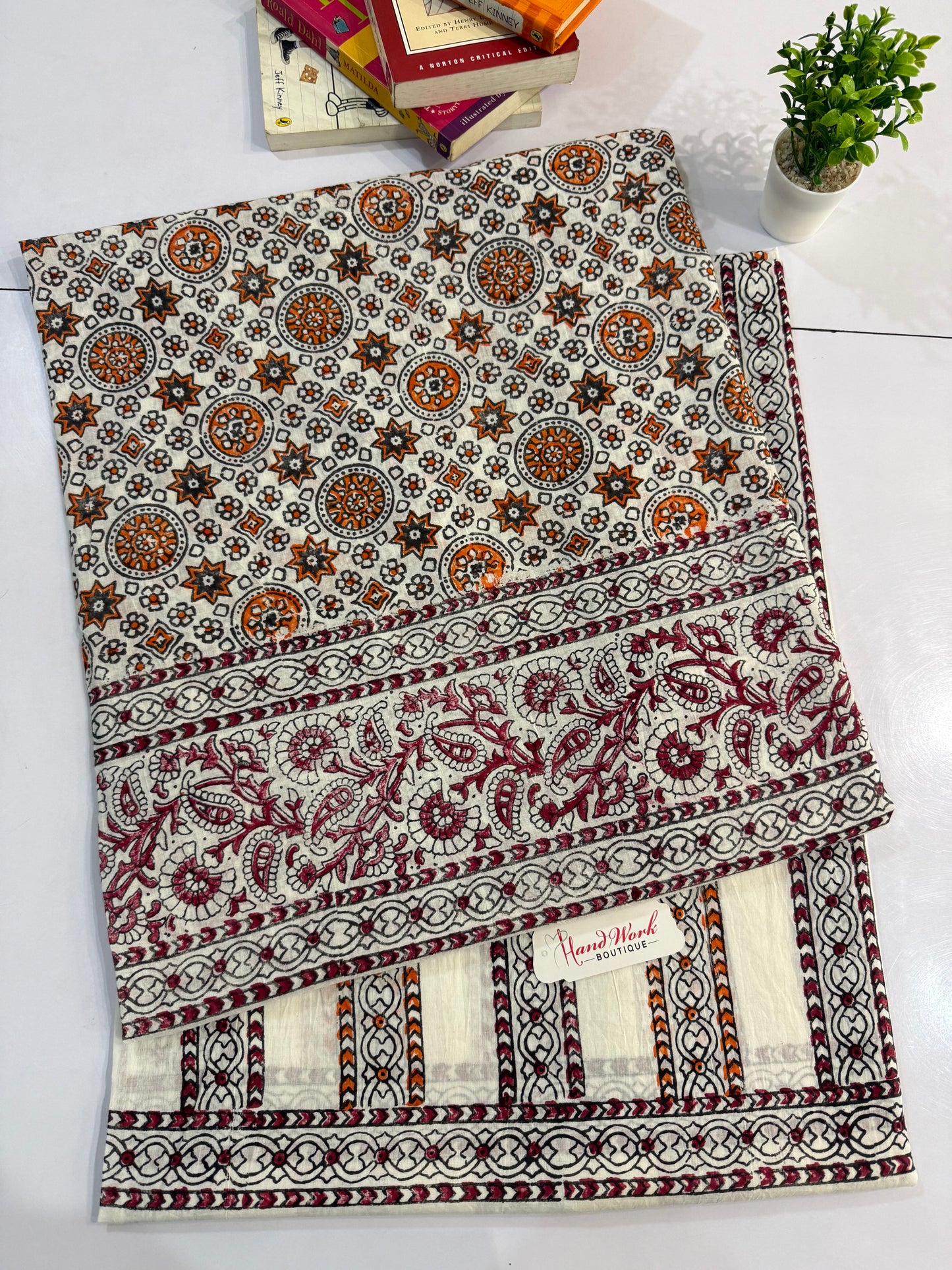 Block Print Lawn Shirt Trouser Orange & Maroon