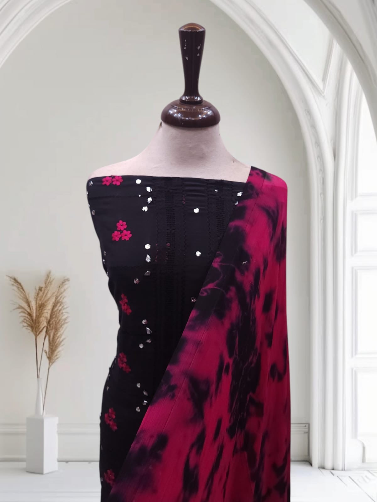Raw Silk Tarkashi Black and hot pink