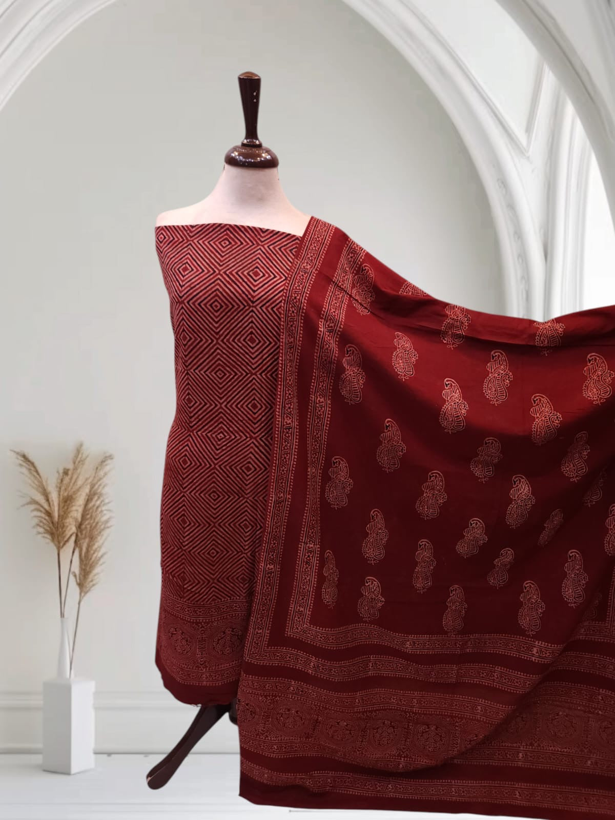 Maroon Geometrical designlawn 2pc