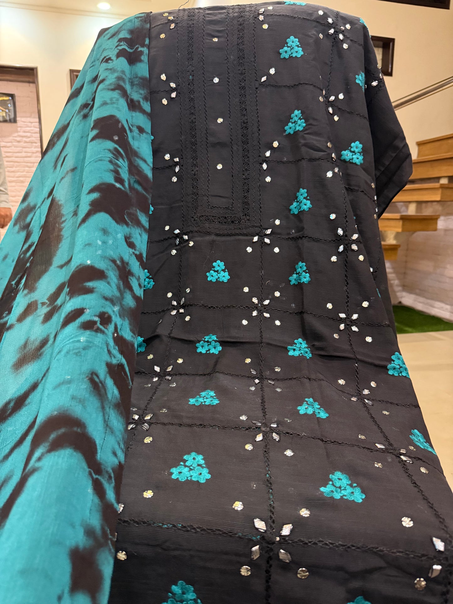 Raw silk Black Tarkashi with teal shade