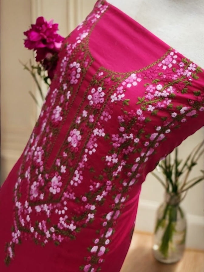 Heavy Mirror Lawn Hand Embroidered Shirt Hotpink