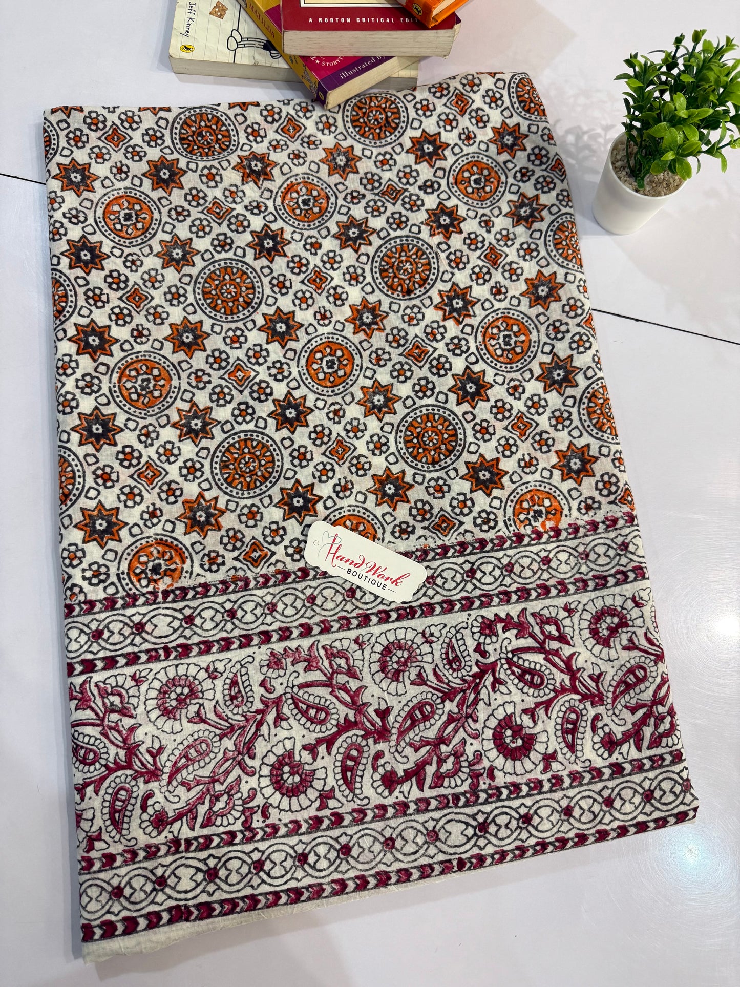 Block Print Lawn Shirt Trouser Orange & Maroon