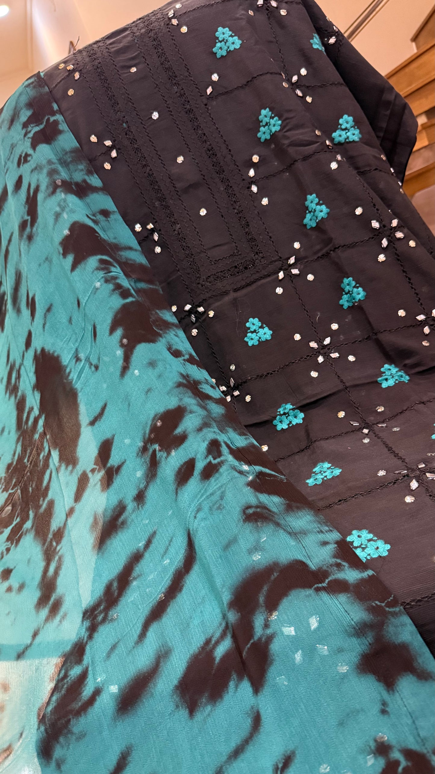 Raw silk Black Tarkashi with teal shade
