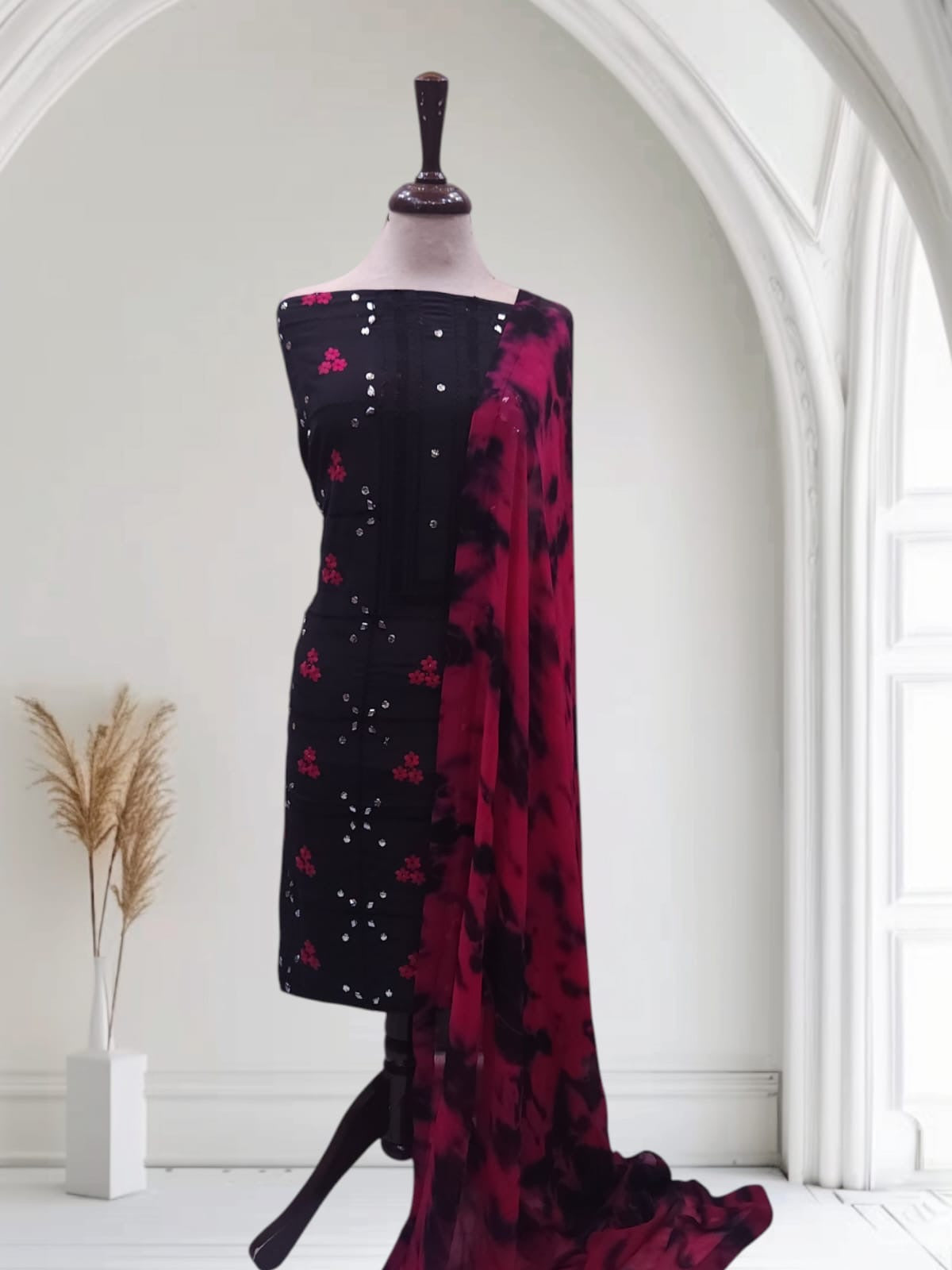 Raw Silk Tarkashi Black and hot pink