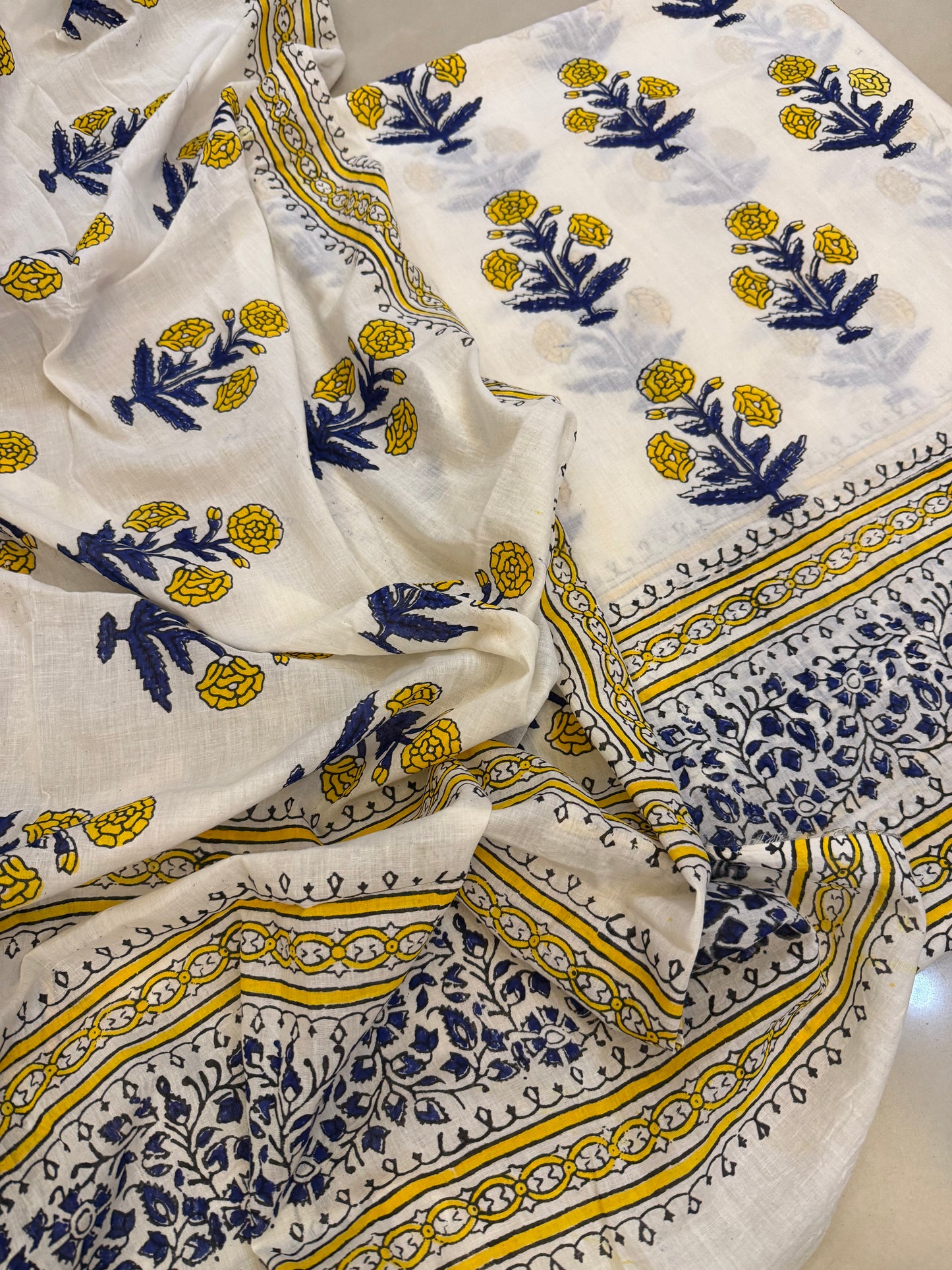 Block print lawn shirt & dupatta blue & yellow