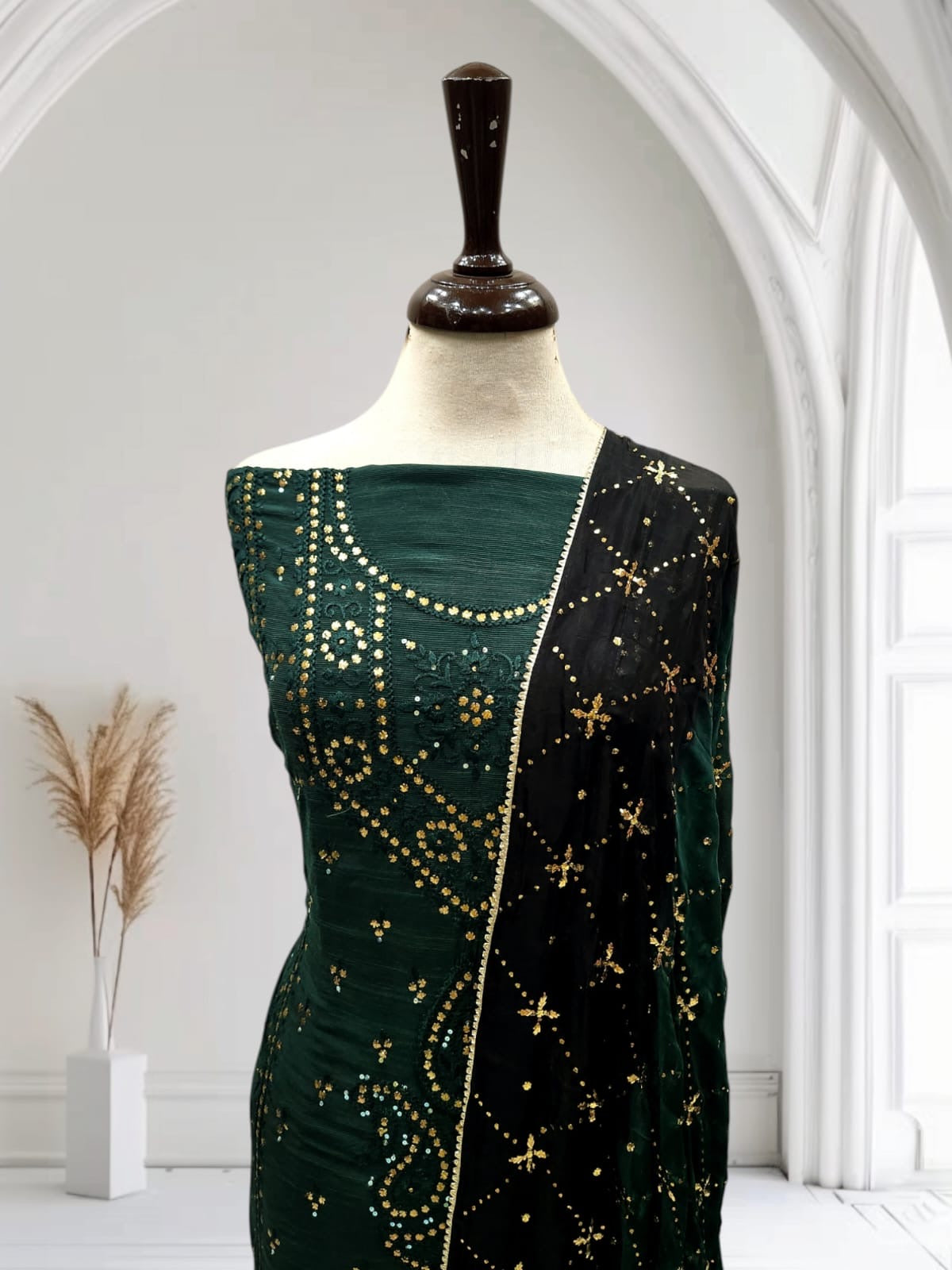 Emerald Green with black Mukesh Raw silk