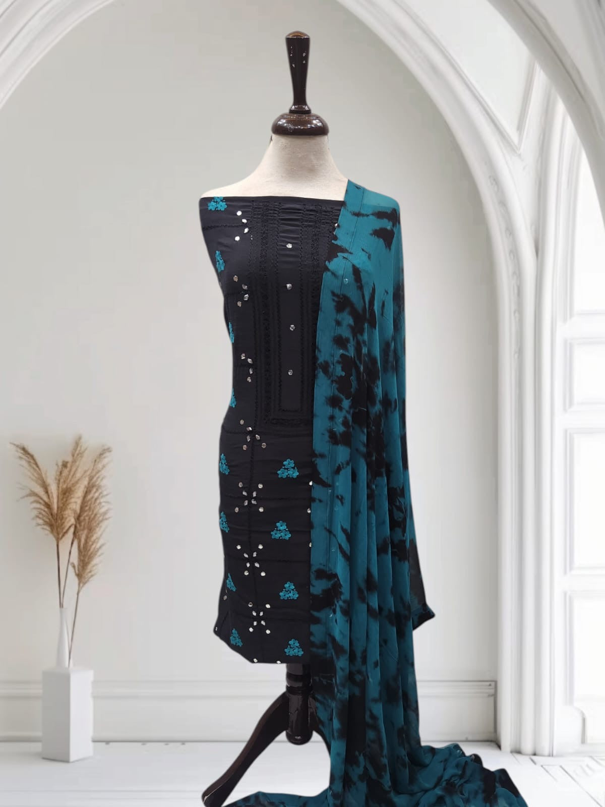 Raw silk Black Tarkashi with teal shade