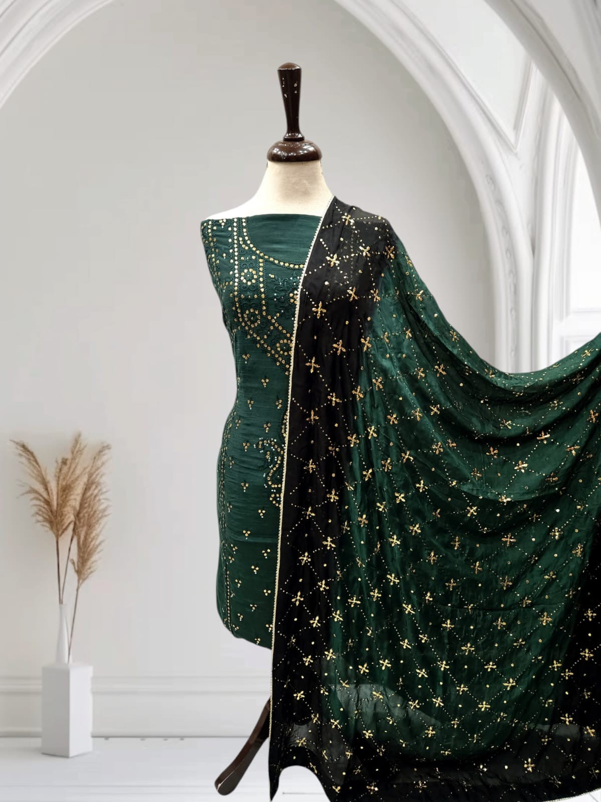 Emerald Green with black Mukesh Raw silk