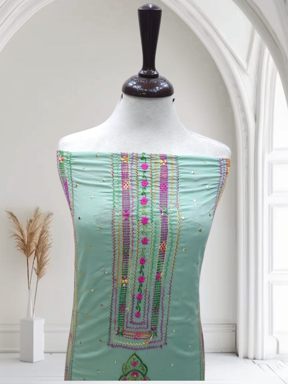 Greenish Grey Tarkashi Mukesh Lawn Shirt