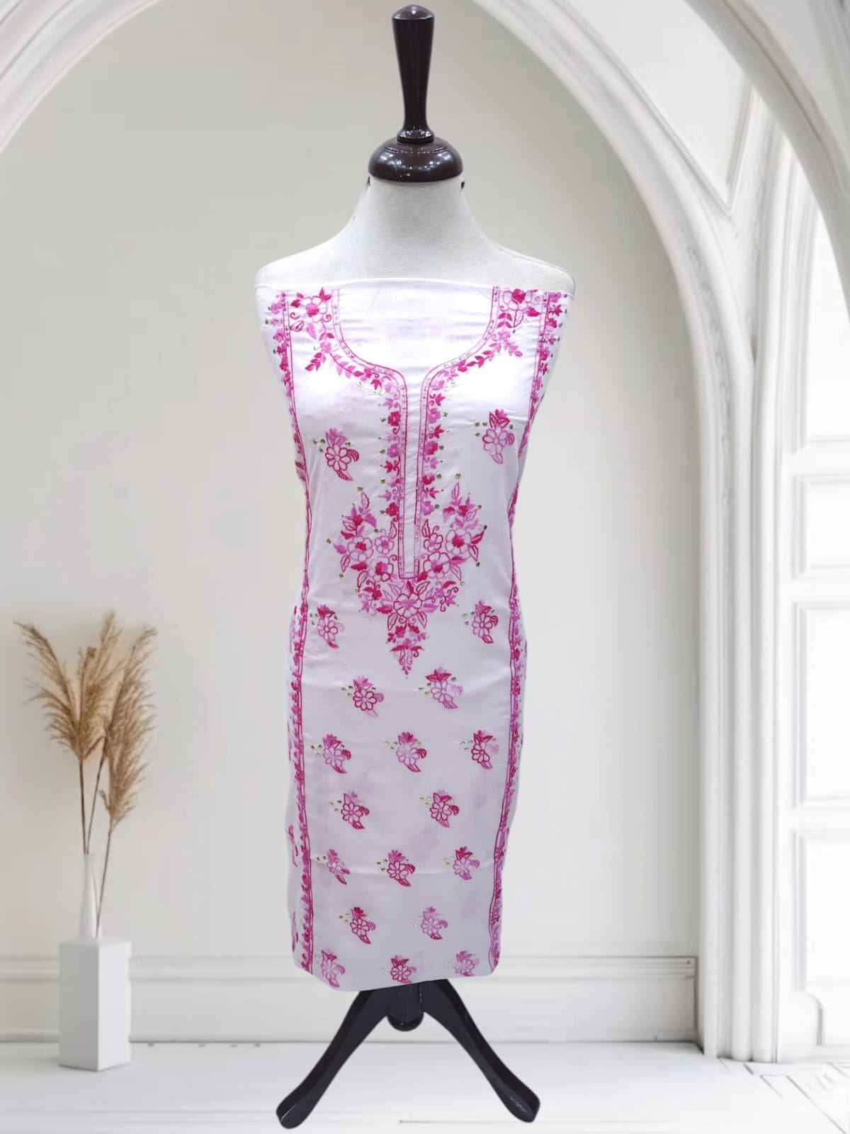 Pastel Pink mukesh with adda work lawn shirt