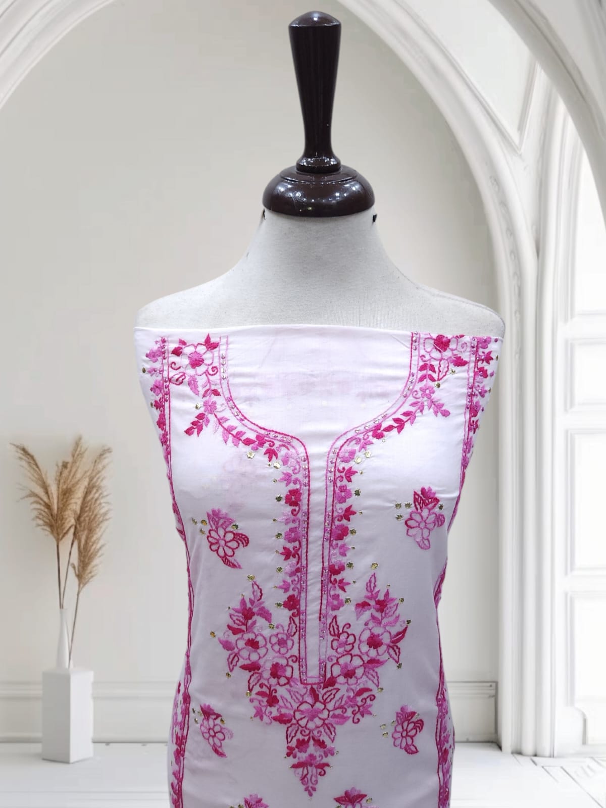 Pastel Pink mukesh with adda work lawn shirt