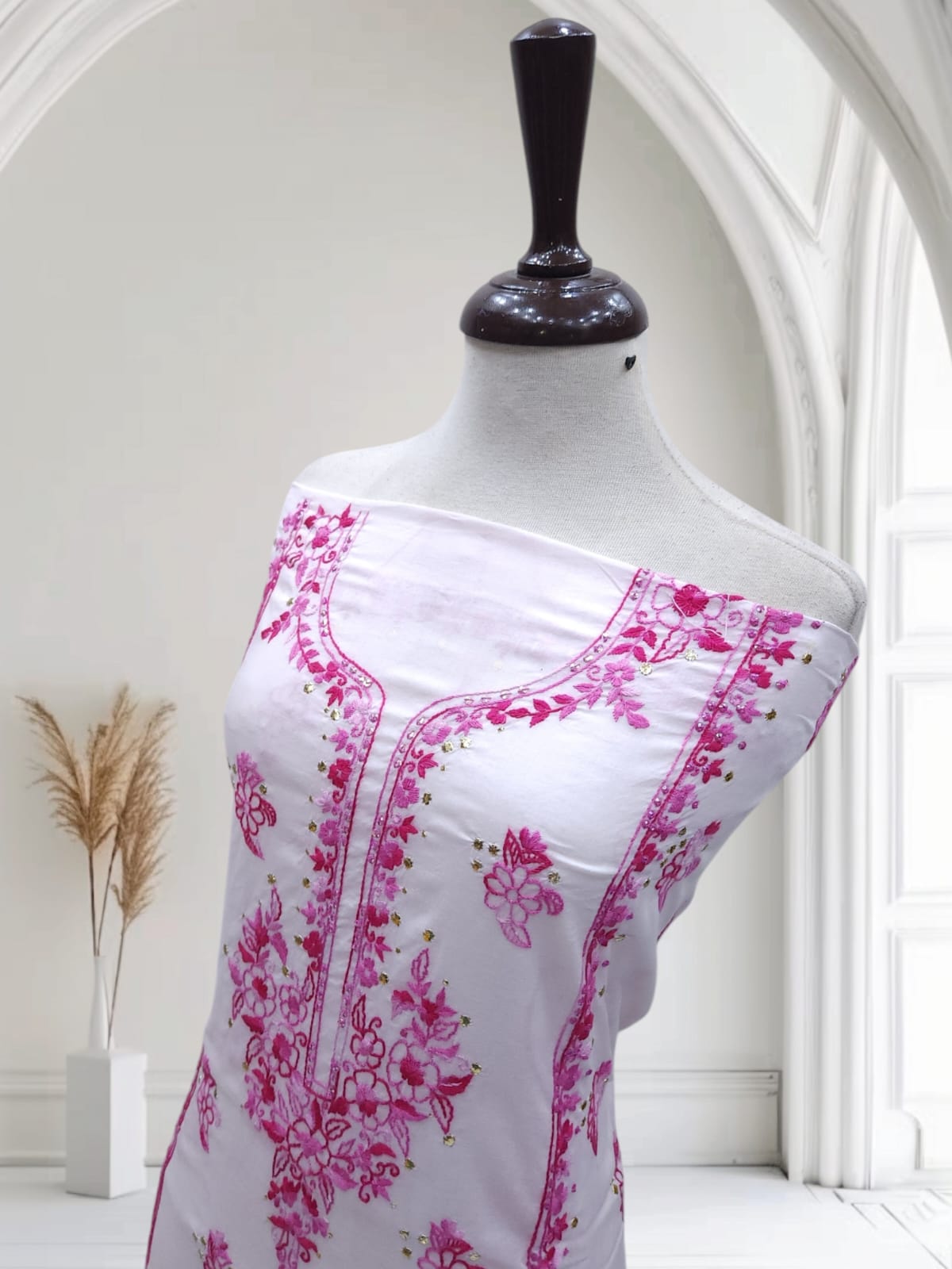 Pastel Pink mukesh with adda work lawn shirt