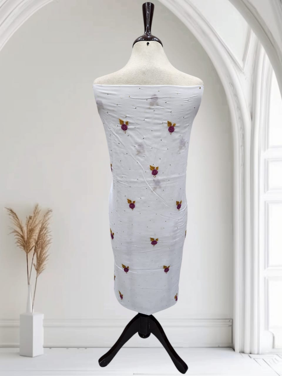 White tarkashi lawn shirt with Mukesh lavender