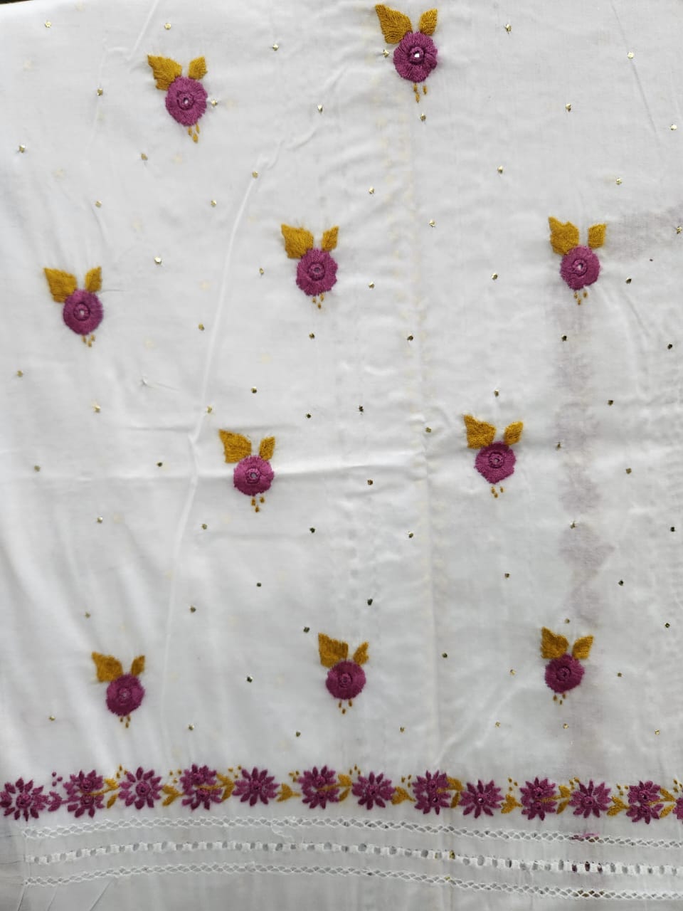 White tarkashi lawn shirt with Mukesh lavender