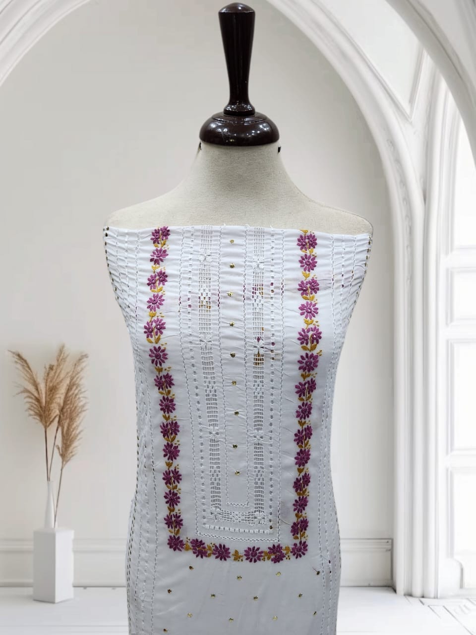 White tarkashi lawn shirt with Mukesh lavender