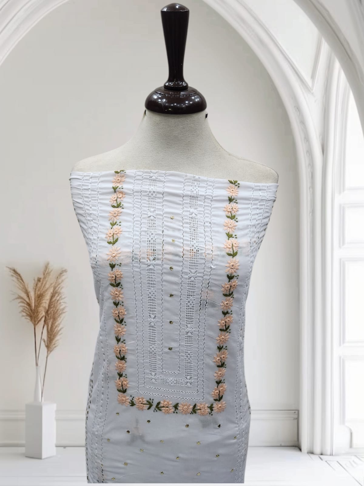 White tarkashi with mukesh peach π Embroidered shirt