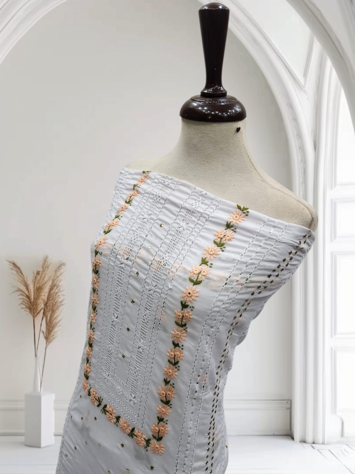 White tarkashi with mukesh peach π Embroidered shirt