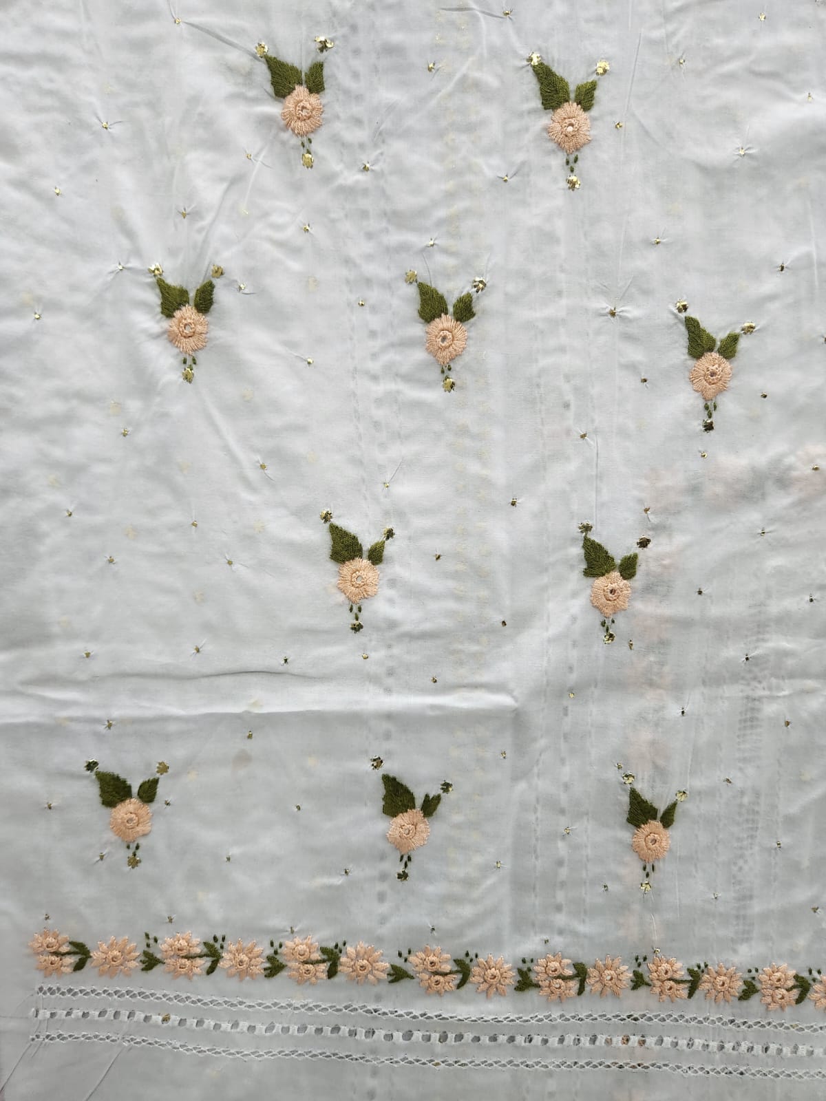 White tarkashi with mukesh peach π Embroidered shirt