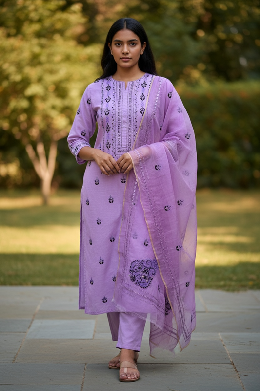 Unstitched Raw silk Tarkashi with Applique shirt dupatta