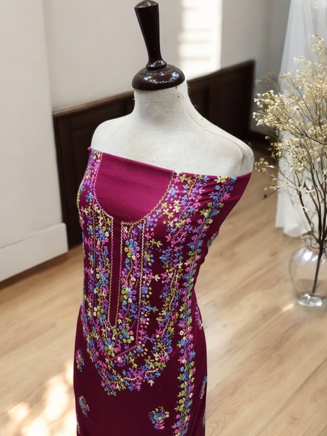 Heavy Mirror Hand Embroidered Lawn Shirt Maroon shade