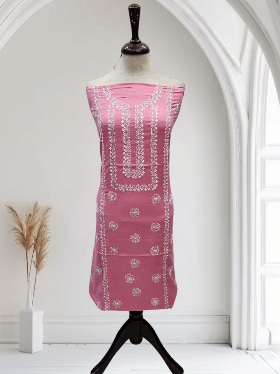Tea pink kantha lawn hand embroidered shirt