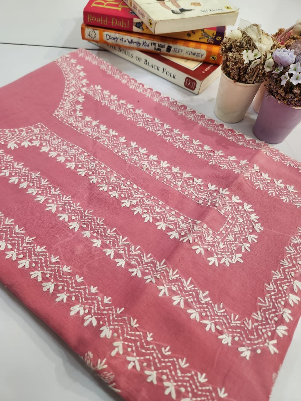 Tea pink kantha lawn hand embroidered shirt