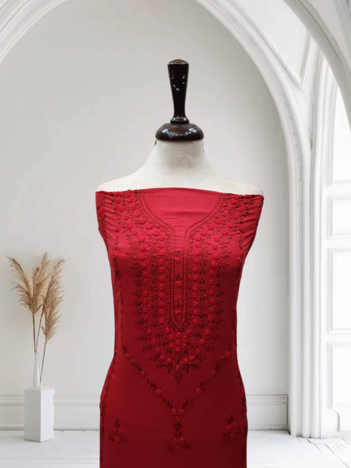 Deep pomegranate shade lawn hand embroidered shirt