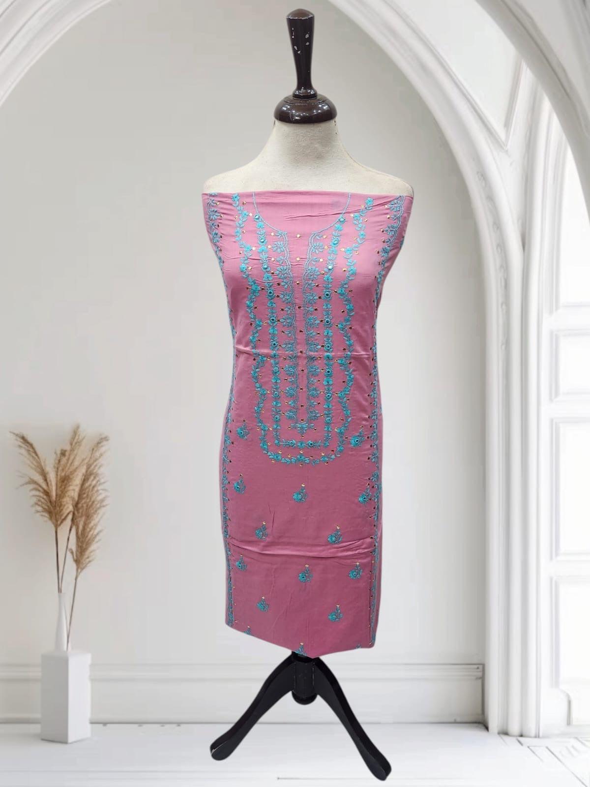 Tea pink lawn shirt hand embroidered with mukesh