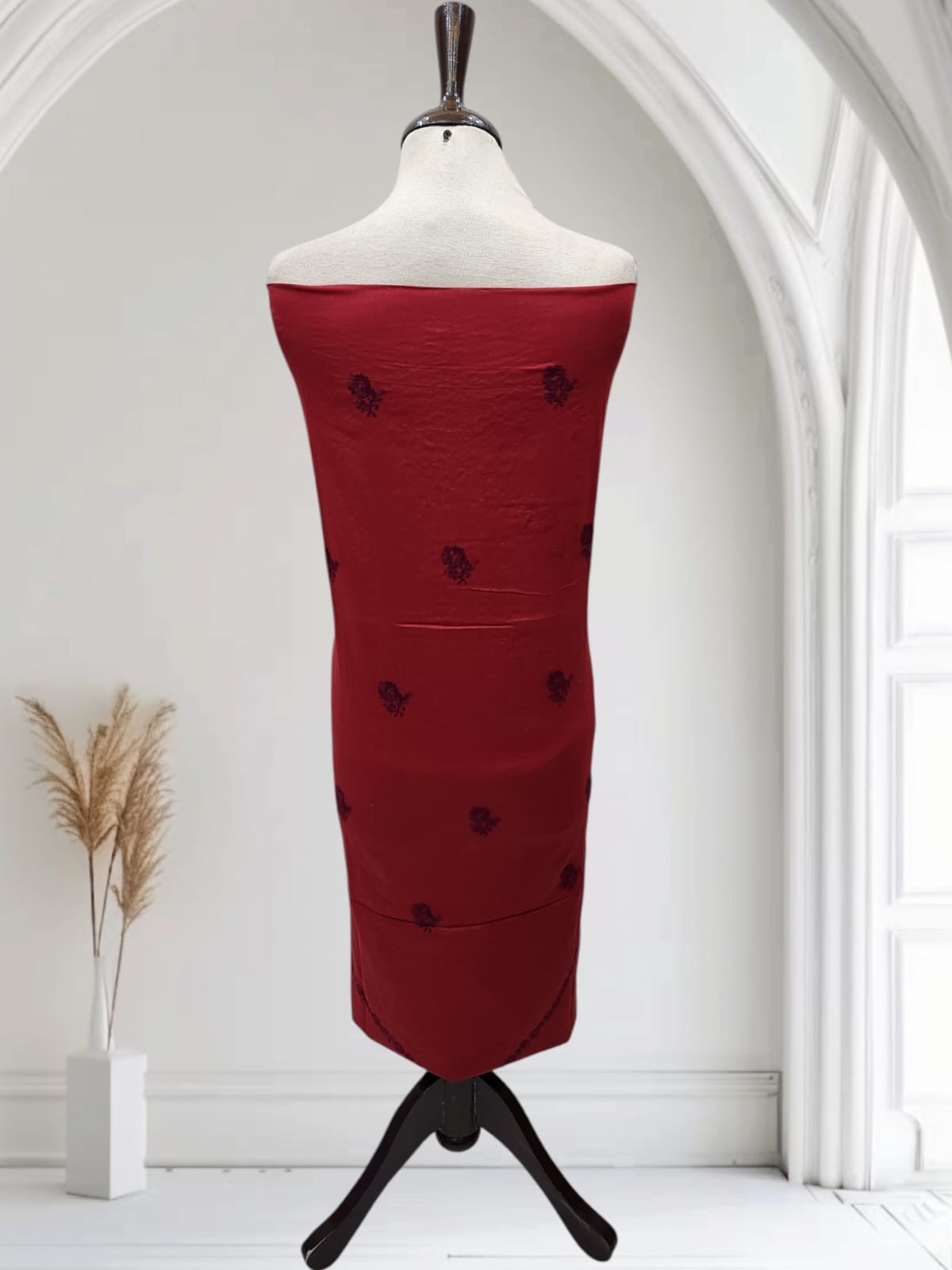 Deep red hand embroidered lawn shirt