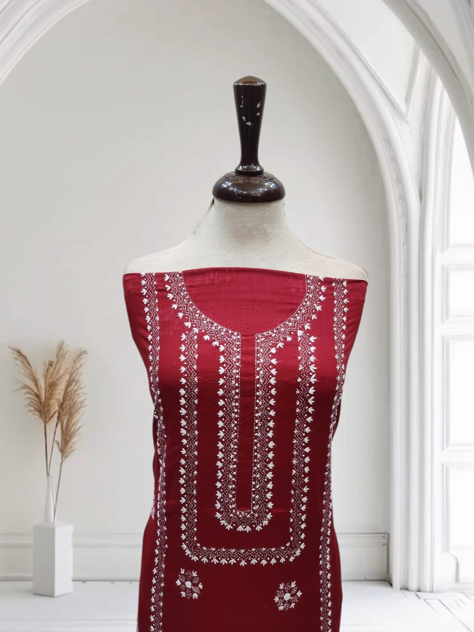 Maroon shade Kantha lawn hand embroidered shirt