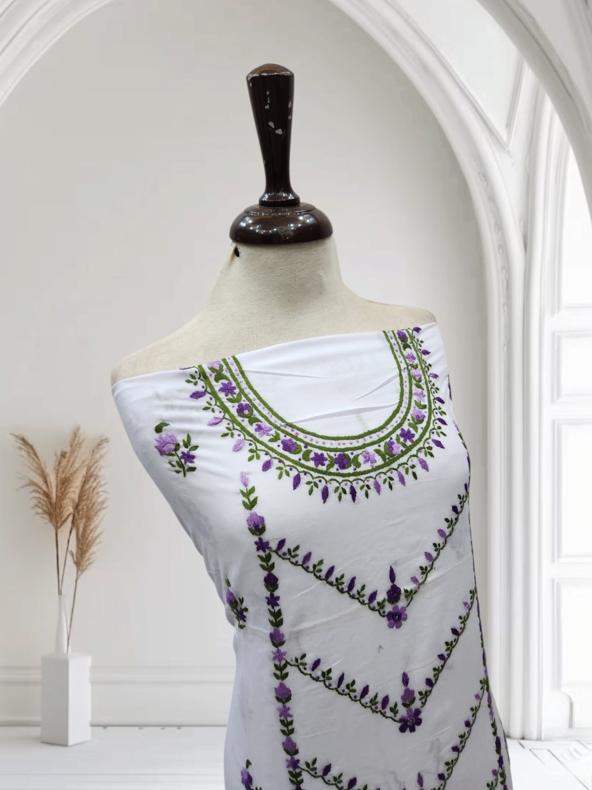 Maah E Noor white & purple hand embroidered shirt