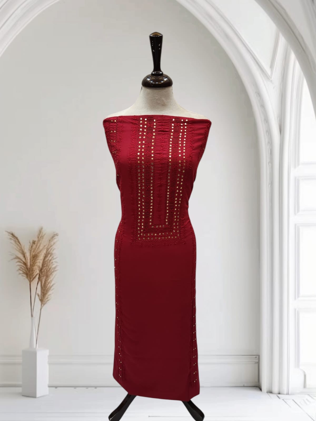2pc Maroon Marina tarkashi, Mukesh with embroidery