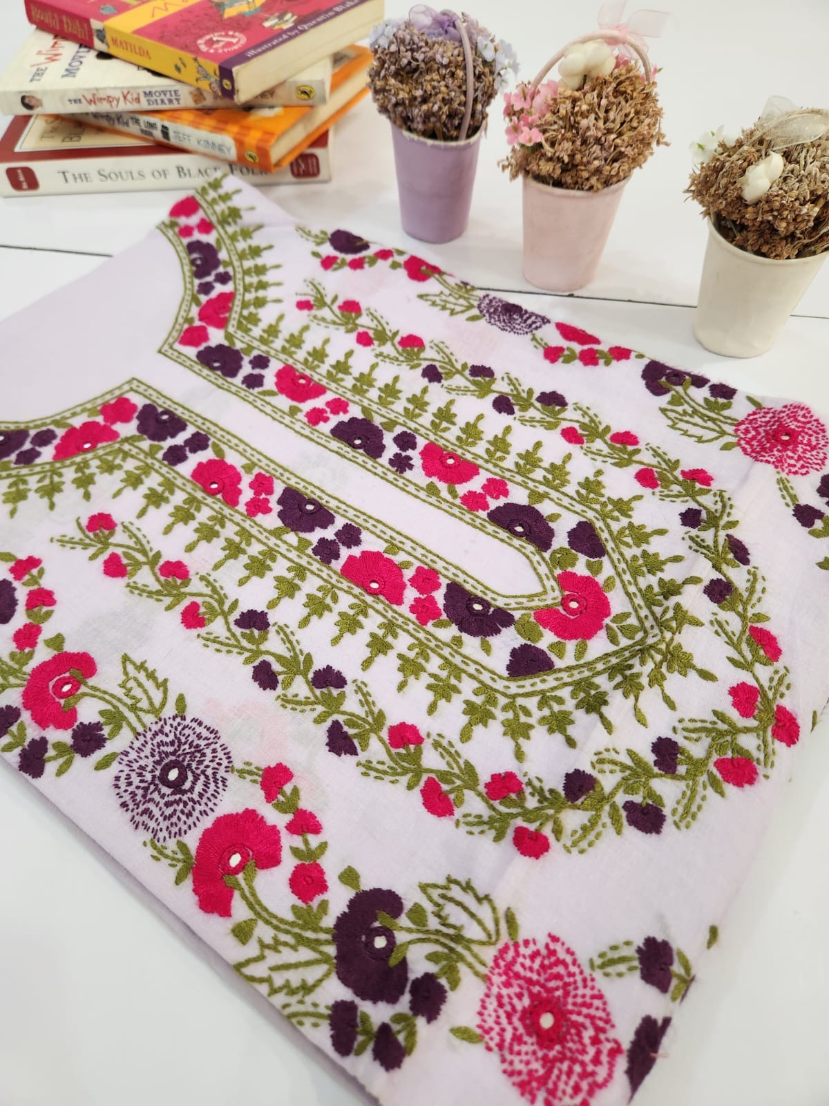 White kaccha tanka lawn hand embroidered shirt