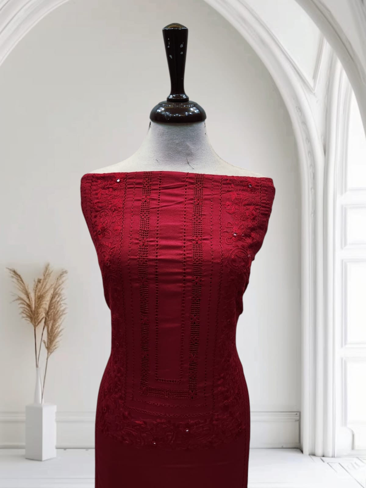 2pc Maroon Marina tarkashi with embroidery & mirror