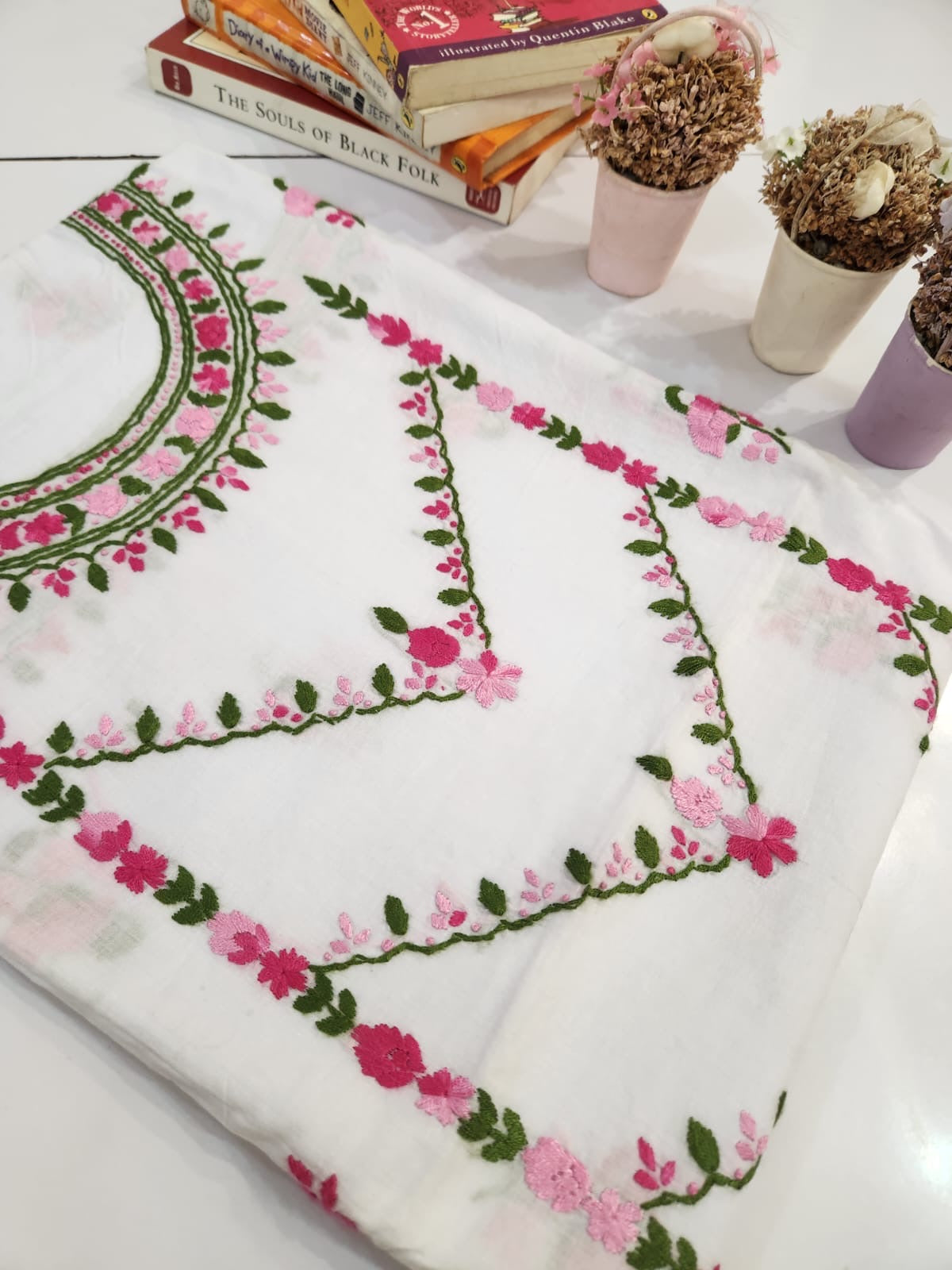 Maah e Noor white & pink hand embroidered shirt