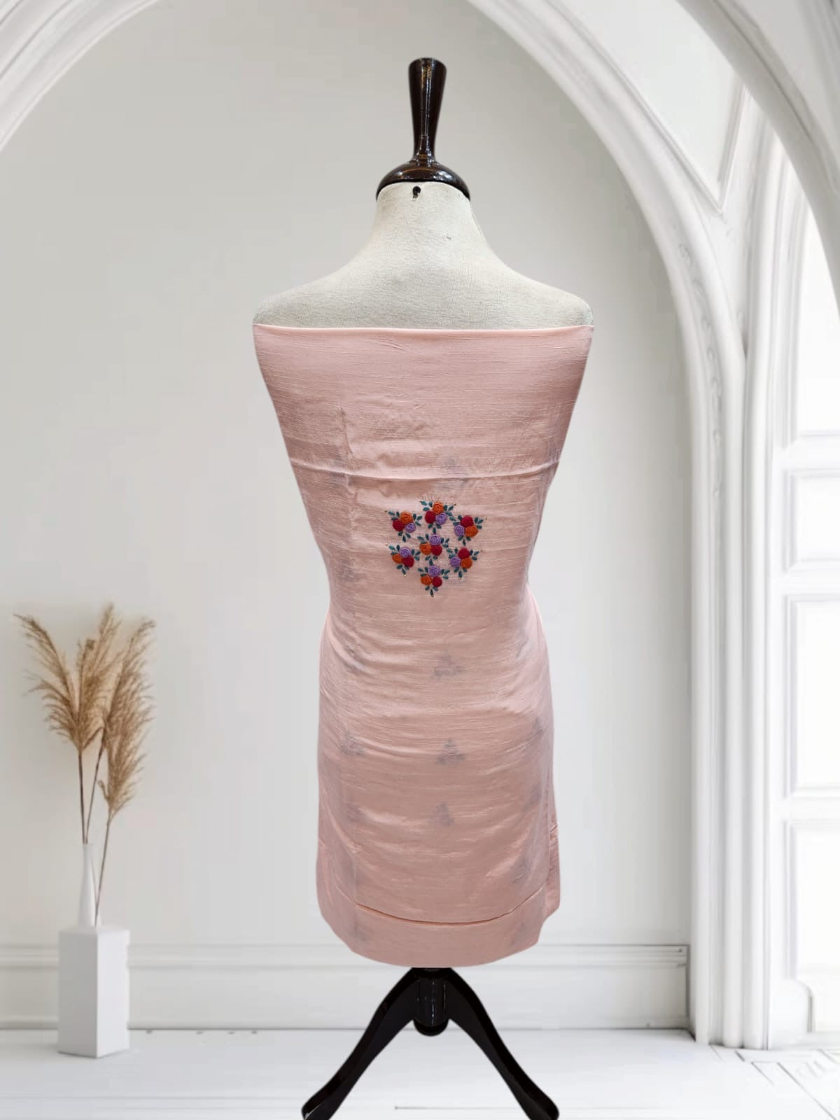 Tarkashi Raw silk Peachy Pink with Gulab tanka