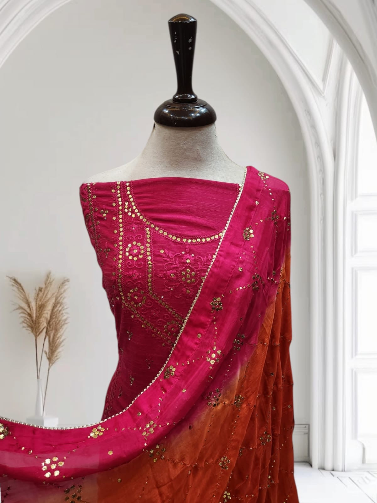 Hot pink with Burnt Orange Mukesh Raw silk